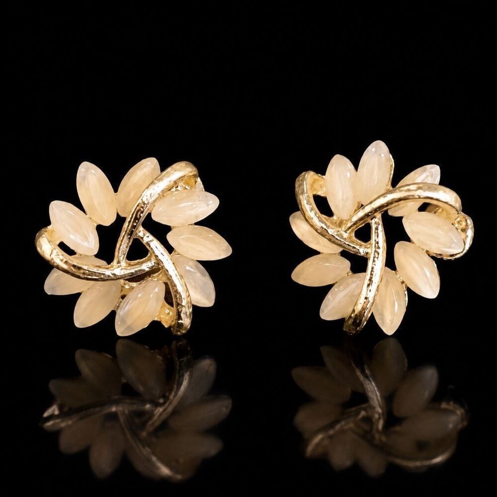Elegant Vintage Style Flower Stud Earrings, Gold & Faux Opal